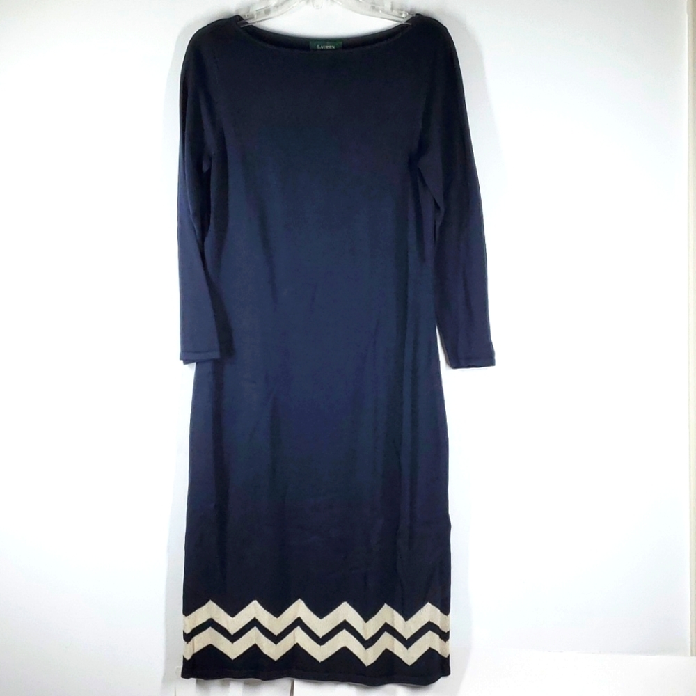 Lauren Ralph Lauren Silk Navy Cream Chevron Midi Dress M NWOT Preppy